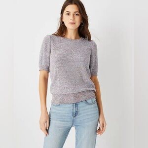ANN TAYLOR Tweedy Sweater Tee Short Puff Sleeves Sz XL Multicolor Lavender Blue‎
